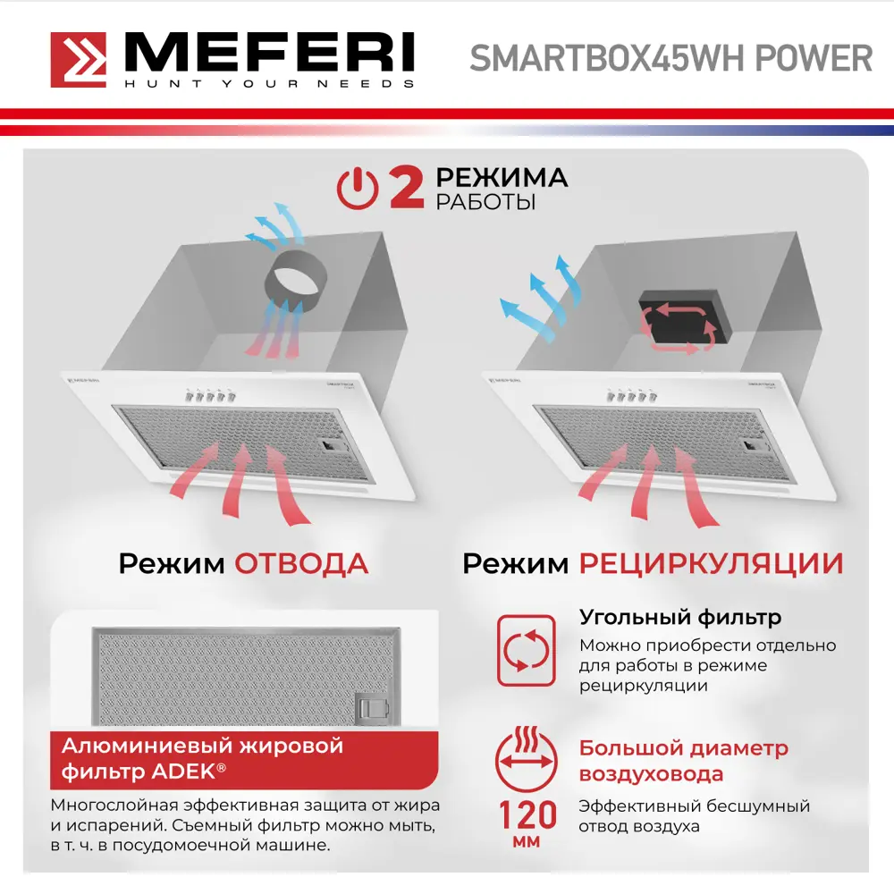 Фото 4 Встраиваемая вытяжка Meferi SMARTBOX45WH POWER 45 см цвет белый Фото 4 Встраиваемая вытяжка Meferi SMARTBOX45WH POWER 45 см цвет белый