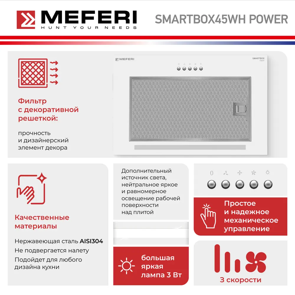 Фото 3 Встраиваемая вытяжка Meferi SMARTBOX45WH POWER 45 см цвет белый Фото 3 Встраиваемая вытяжка Meferi SMARTBOX45WH POWER 45 см цвет белый