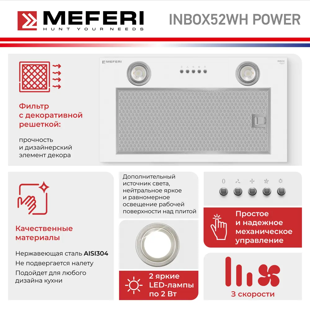Фото 3 Встраиваемая вытяжка Meferi INBOX52WH POWER 52 см цвет белый Фото 3 Встраиваемая вытяжка Meferi INBOX52WH POWER 52 см цвет белый