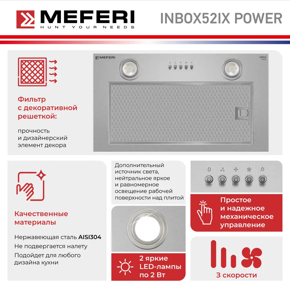Фото 2 Встраиваемая вытяжка Meferi INBOX52IX POWER 52 см цвет серый/серебристый Фото 2 Встраиваемая вытяжка Meferi INBOX52IX POWER 52 см цвет серый/серебристый