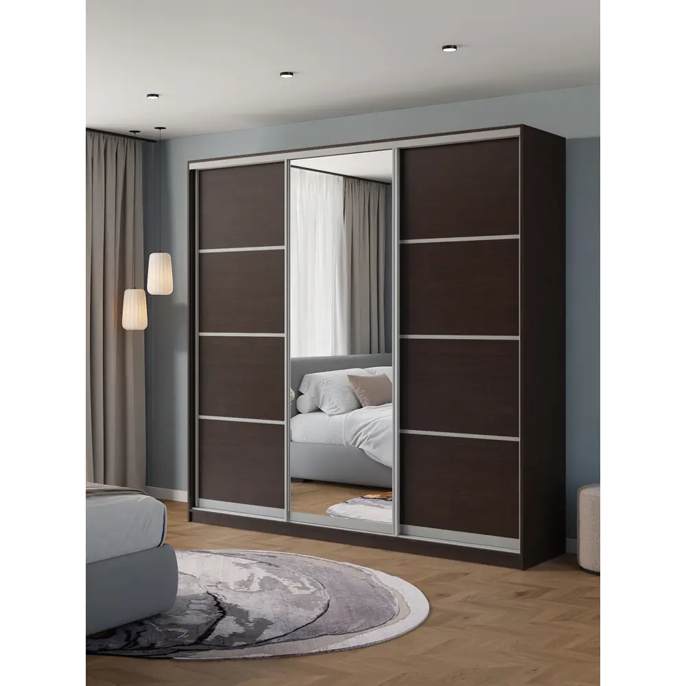 Фото Шкаф-купе Клевер Атина с 3 дверями и зеркалом 240x250х58 см 9 полок ЛДСП цвет венге Фото Шкаф-купе Клевер Атина с 3 дверями и зеркалом 240x250х58 см 9 полок ЛДСП цвет венге