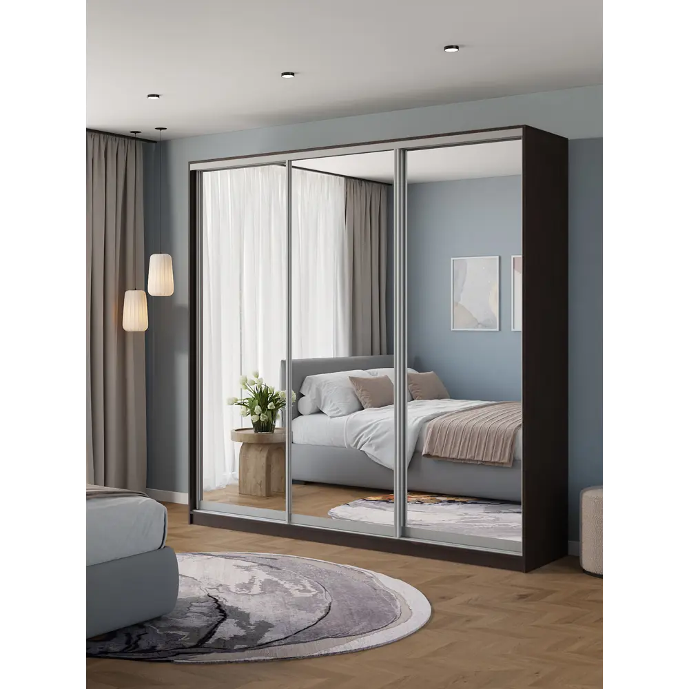 Фото Шкаф-купе Клевер Атина с 3 дверями 240x250х45 см 9 полок ЛДСП цвет венге зеркальный Фото Шкаф-купе Клевер Атина с 3 дверями 240x250х45 см 9 полок ЛДСП цвет венге зеркальный