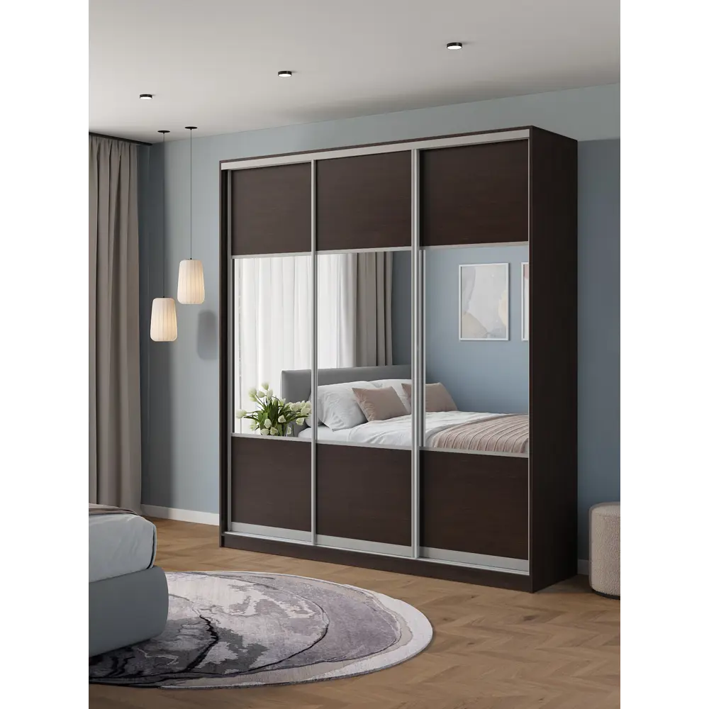 Фото Шкаф-купе Клевер Атина с 3 дверями 240x220х58 см 9 полок ЛДСП цвет венге комбинированный Фото Шкаф-купе Клевер Атина с 3 дверями 240x220х58 см 9 полок ЛДСП цвет венге комбинированный