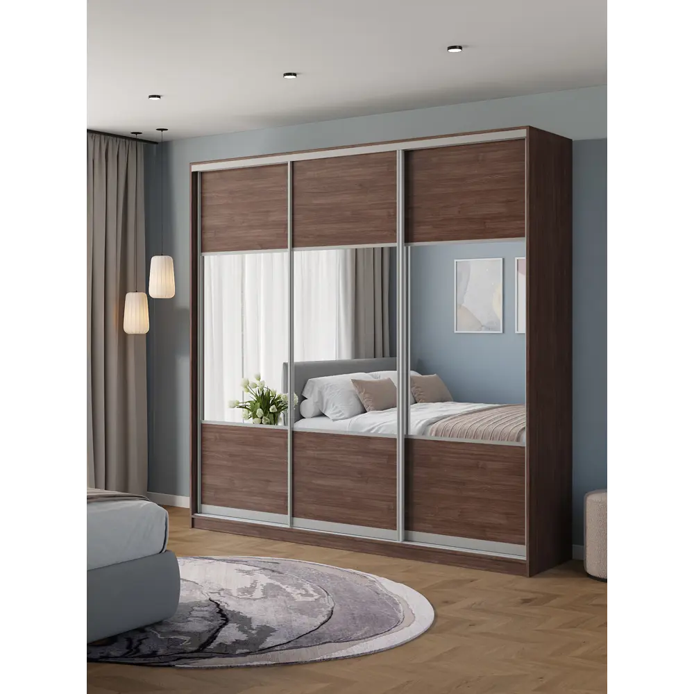 Фото Шкаф-купе Клевер Атина с 3 дверями 240x250х65 см 9 полок ЛДСП цвет шамони темный комбинированный Фото Шкаф-купе Клевер Атина с 3 дверями 240x250х65 см 9 полок ЛДСП цвет шамони темный комбинированный
