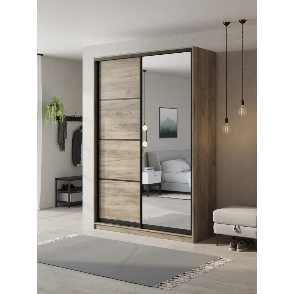 Фото Шкаф-купе Клевер Атина с 2 дверями и зеркалом 240x140х65 см 6 полок ЛДСП цвет дуб крафт серый Фото Шкаф-купе Клевер Атина с 2 дверями и зеркалом 240x140х65 см 6 полок ЛДСП цвет дуб крафт серый