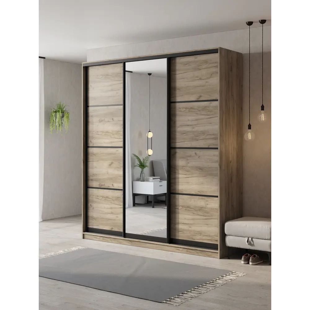 Фото Шкаф-купе Клевер Атина с 3 дверями и зеркалом 240x210х45 см 9 полок ЛДСП цвет дуб крафт серый Фото Шкаф-купе Клевер Атина с 3 дверями и зеркалом 240x210х45 см 9 полок ЛДСП цвет дуб крафт серый