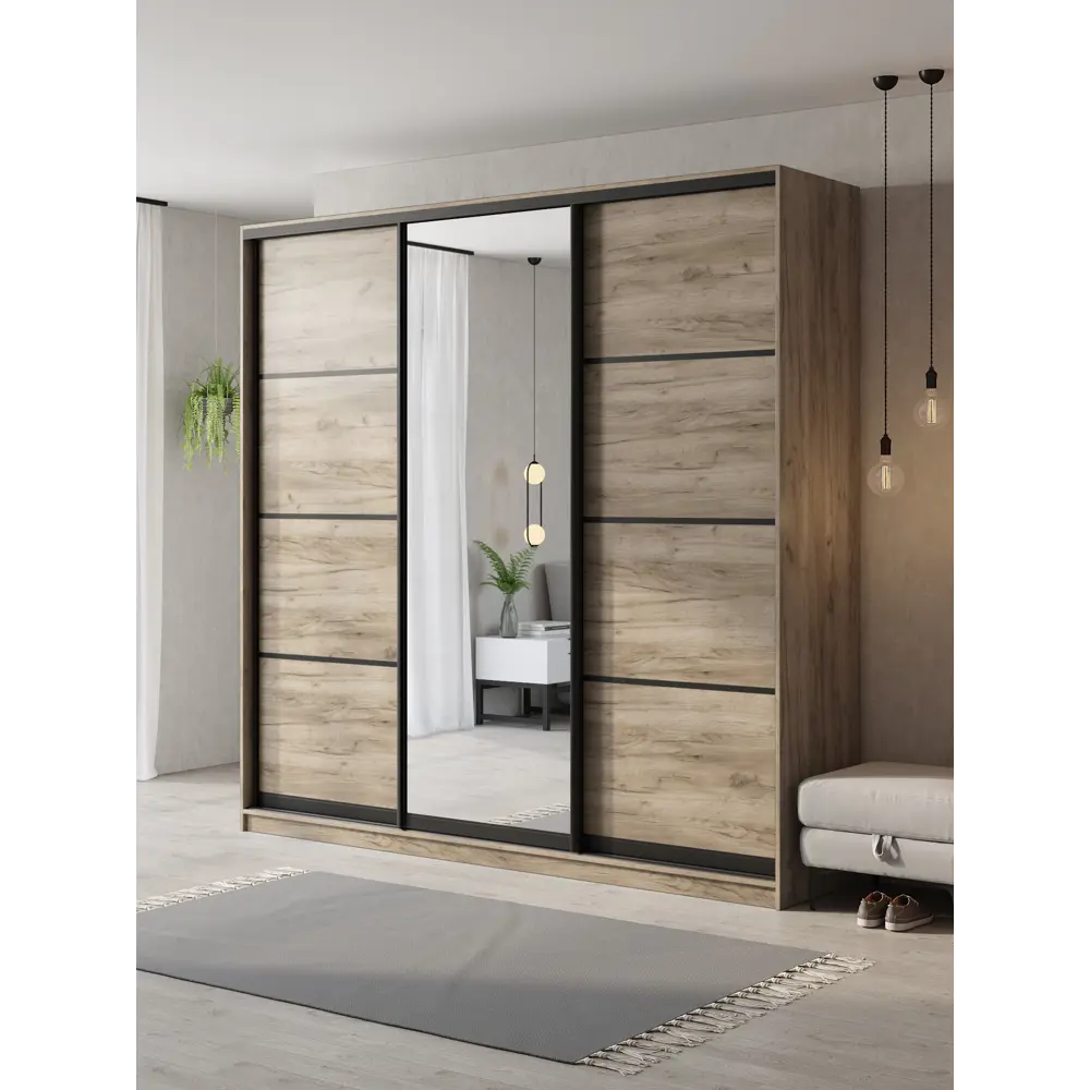 Фото Шкаф-купе Клевер Атина с 3 дверями и зеркалом 240x250х45 см 9 полок ЛДСП цвет дуб крафт серый Фото Шкаф-купе Клевер Атина с 3 дверями и зеркалом 240x250х45 см 9 полок ЛДСП цвет дуб крафт серый