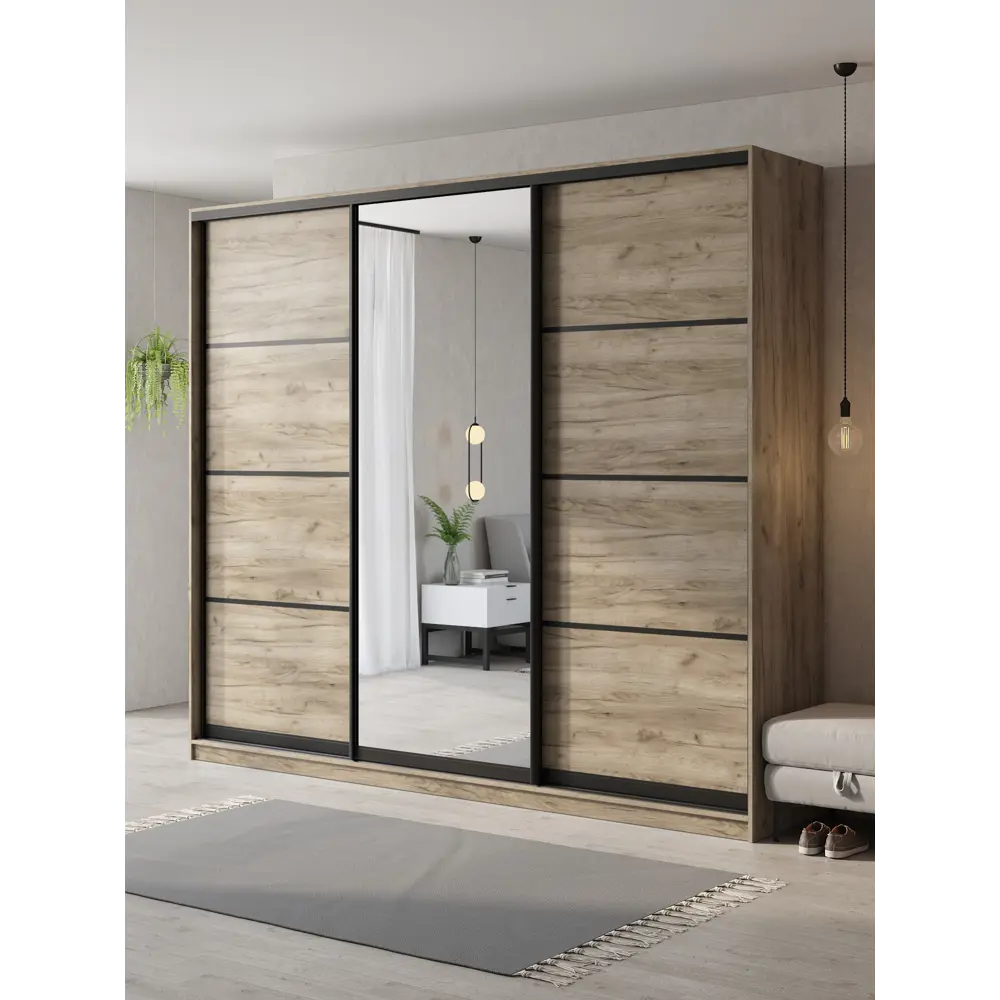 Фото Шкаф-купе Клевер Атина с 3 дверями и зеркалом 240x270х65 см 9 полок ЛДСП цвет дуб крафт серый Фото Шкаф-купе Клевер Атина с 3 дверями и зеркалом 240x270х65 см 9 полок ЛДСП цвет дуб крафт серый