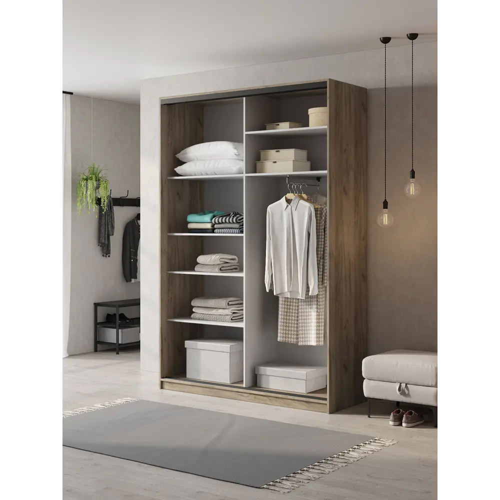 Фото 3 Шкаф-купе Клевер Атина с 2 дверями 240x110х50 см 6 полок ЛДСП цвет дуб крафт серый комбинированный