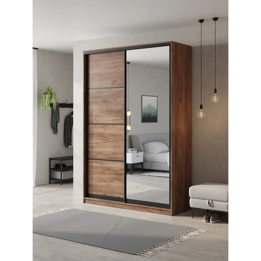 Фото Шкаф-купе Клевер Атина с 2 дверями и зеркалом 240x140х45 см 6 полок ЛДСП цвет дуб крафт табак Фото Шкаф-купе Клевер Атина с 2 дверями и зеркалом 240x140х45 см 6 полок ЛДСП цвет дуб крафт табак