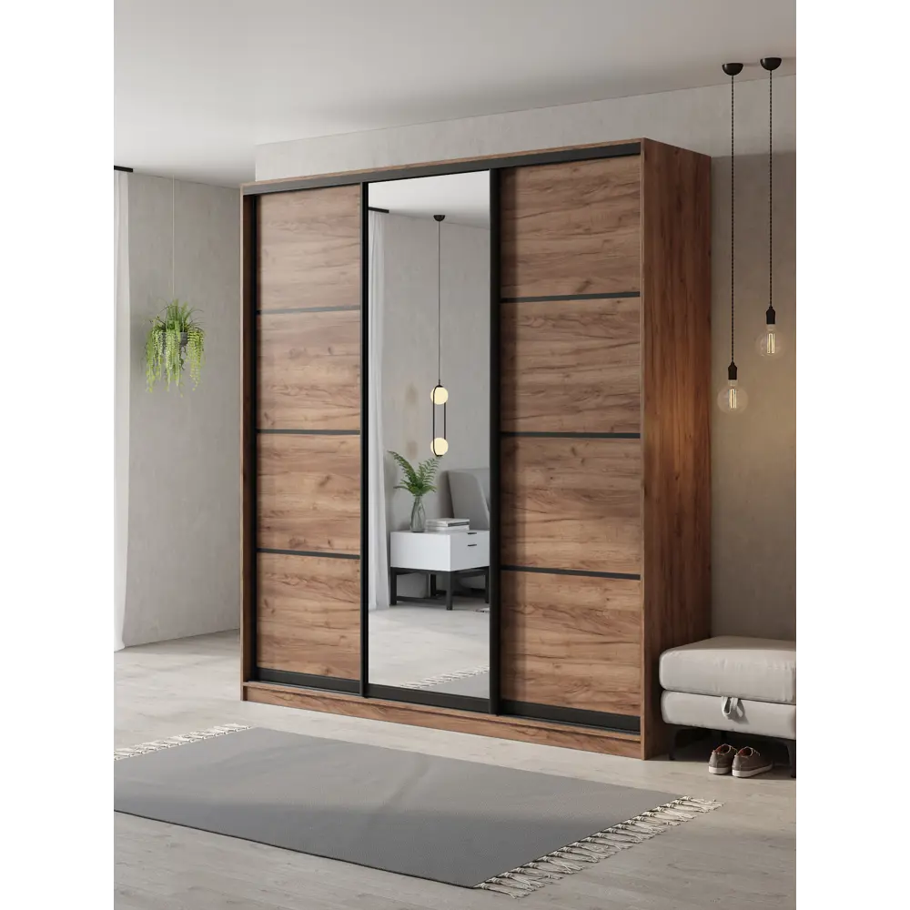 Фото Шкаф-купе Клевер Атина с 3 дверями и зеркалом 240x220х45 см 9 полок ЛДСП цвет дуб крафт табак Фото Шкаф-купе Клевер Атина с 3 дверями и зеркалом 240x220х45 см 9 полок ЛДСП цвет дуб крафт табак