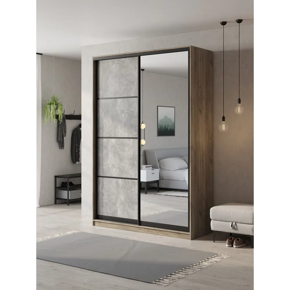 Фото Шкаф-купе Клевер Атина с 2 дверями и зеркалом 240x150х45 см 6 полок ЛДСП цвет дуб крафт серый/бетон серый Фото Шкаф-купе Клевер Атина с 2 дверями и зеркалом 240x150х45 см 6 полок ЛДСП цвет дуб крафт серый/бетон серый