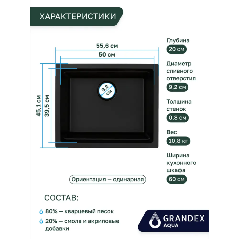 Фото 2 Мойка для кухни Grandex aqua COMFORT 56U CARBON 39.5x50 см глубина чаши 20 см кварц цвет черный Фото 2 Мойка для кухни Grandex aqua COMFORT 56U CARBON 39.5x50 см глубина чаши 20 см кварц цвет черный