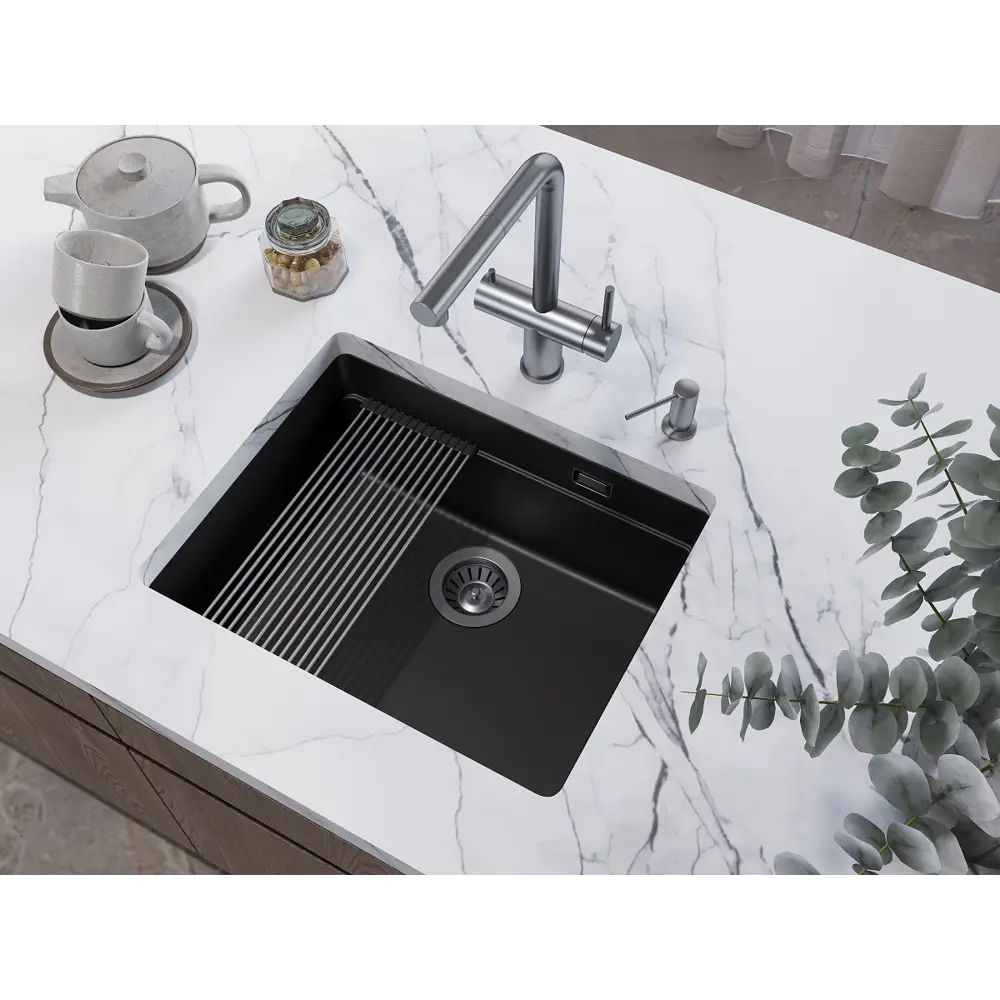 Фото 8 Мойка для кухни Grandex aqua COMFORT 56U CARBON 39.5x50 см глубина чаши 20 см кварц цвет черный Фото 8 Мойка для кухни Grandex aqua COMFORT 56U CARBON 39.5x50 см глубина чаши 20 см кварц цвет черный