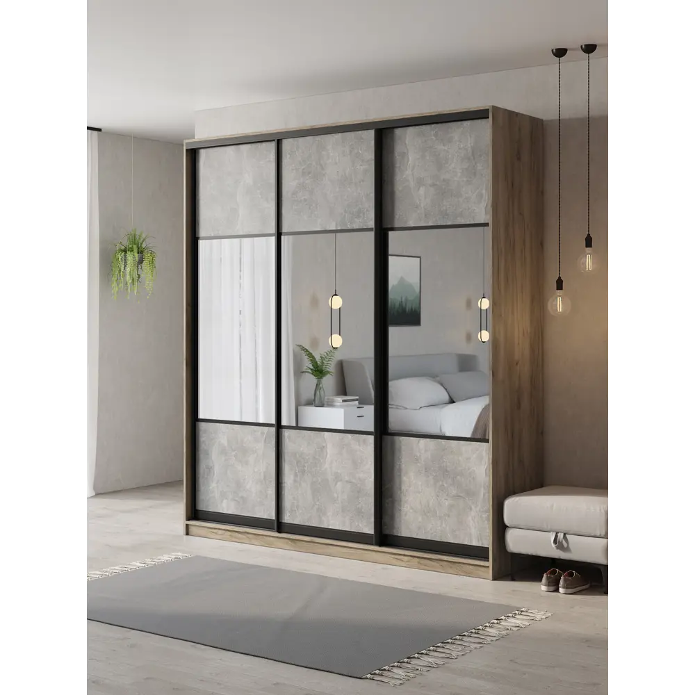 Фото Шкаф-купе Клевер Атина с 3 дверями 240x220х45 см 9 полок ЛДСП цвет дуб крафт серый комбинированный/бетон серый Фото Шкаф-купе Клевер Атина с 3 дверями 240x220х45 см 9 полок ЛДСП цвет дуб крафт серый комбинированный/бетон серый