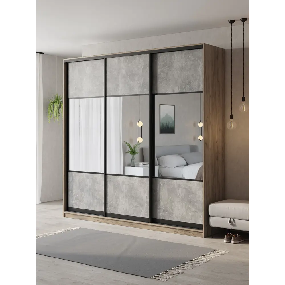 Фото Шкаф-купе Клевер Атина с 3 дверями 240x250х45 см 9 полок ЛДСП цвет дуб крафт серый комбинированный/бетон серый Фото Шкаф-купе Клевер Атина с 3 дверями 240x250х45 см 9 полок ЛДСП цвет дуб крафт серый комбинированный/бетон серый