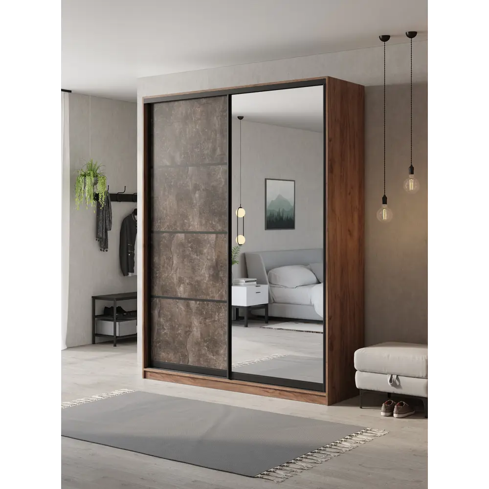 Фото Шкаф-купе Клевер Атина с 2 дверями и зеркалом 240x170х45 см 6 полок ЛДСП цвет дуб крафт табак/бетон темный Фото Шкаф-купе Клевер Атина с 2 дверями и зеркалом 240x170х45 см 6 полок ЛДСП цвет дуб крафт табак/бетон темный
