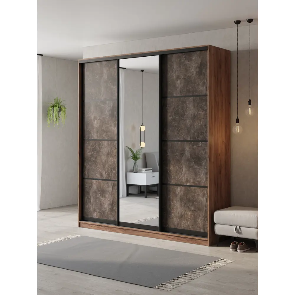 Фото Шкаф-купе Клевер Атина с 3 дверями и зеркалом 240x220х65 см 9 полок ЛДСП цвет дуб крафт табак/бетон темный Фото Шкаф-купе Клевер Атина с 3 дверями и зеркалом 240x220х65 см 9 полок ЛДСП цвет дуб крафт табак/бетон темный