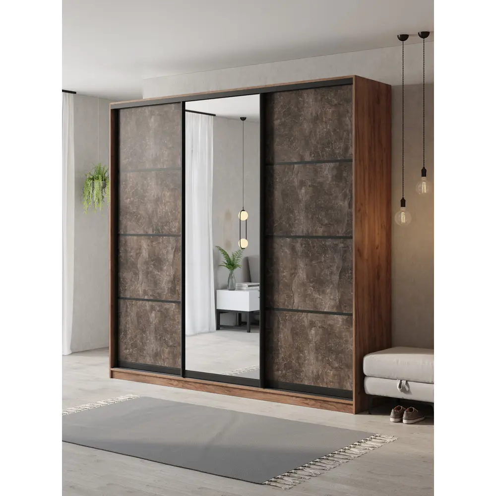 Фото Шкаф-купе Клевер Атина с 3 дверями и зеркалом 240x250х45 см 9 полок ЛДСП цвет дуб крафт табак/бетон темный Фото Шкаф-купе Клевер Атина с 3 дверями и зеркалом 240x250х45 см 9 полок ЛДСП цвет дуб крафт табак/бетон темный