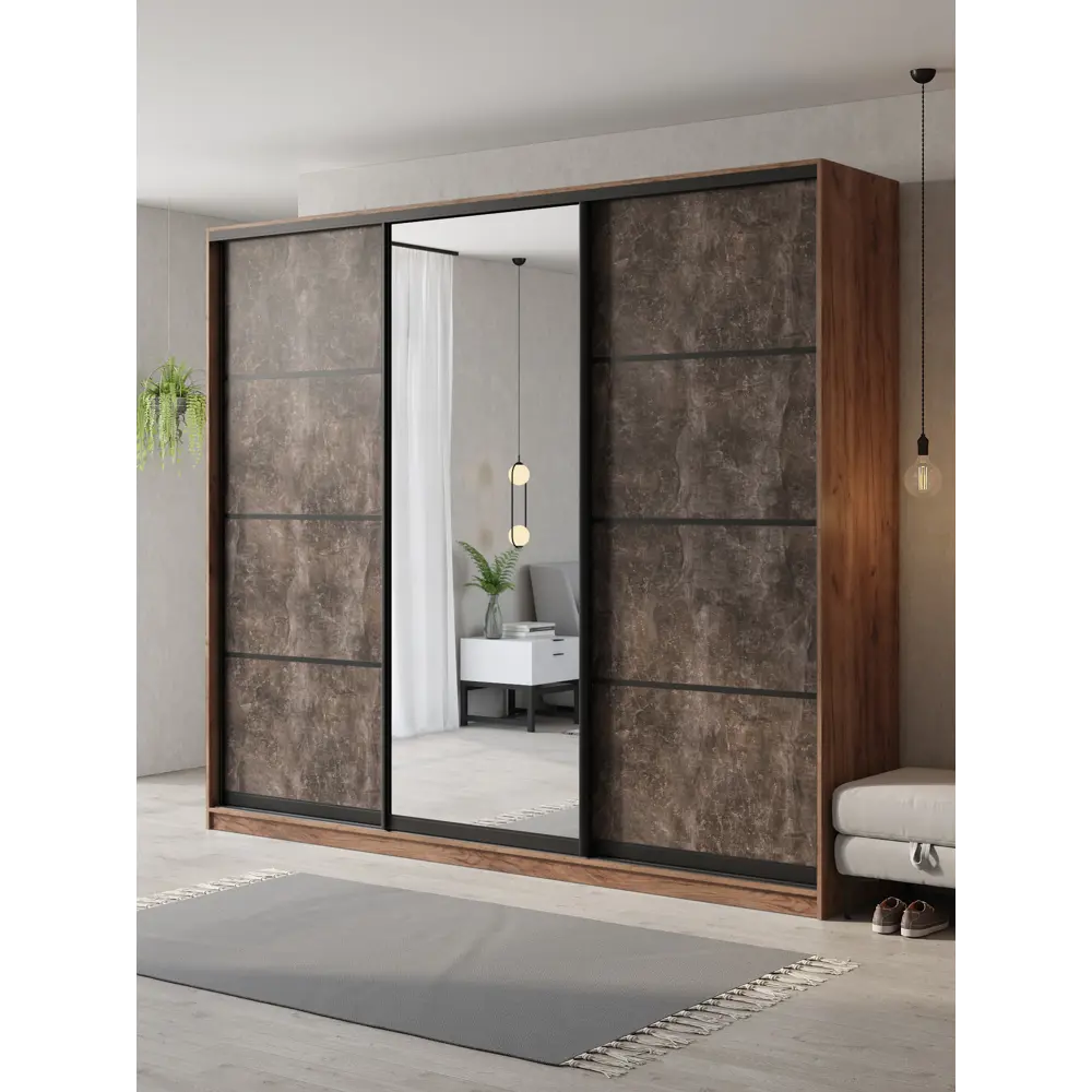 Фото Шкаф-купе Клевер Атина с 3 дверями и зеркалом 240x270х65 см 9 полок ЛДСП цвет дуб крафт табак/бетон темный Фото Шкаф-купе Клевер Атина с 3 дверями и зеркалом 240x270х65 см 9 полок ЛДСП цвет дуб крафт табак/бетон темный