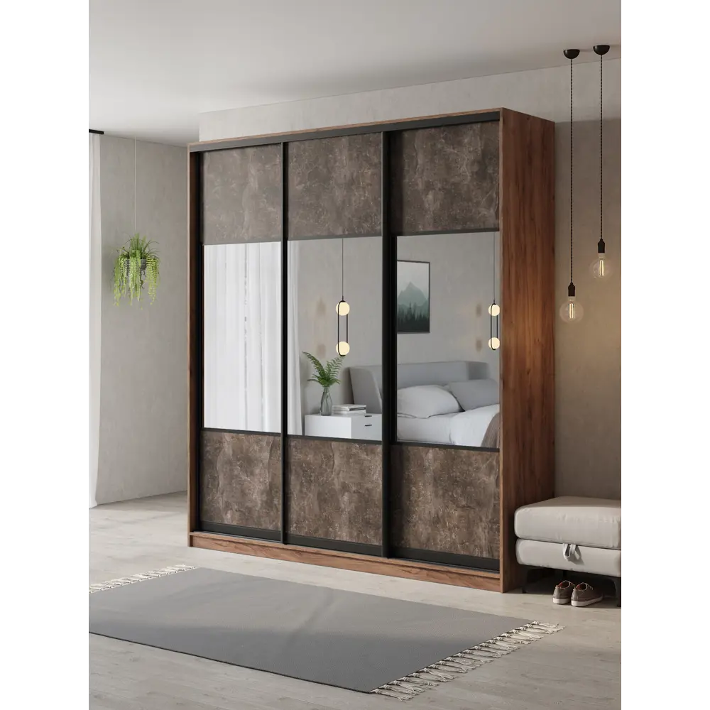 Фото Шкаф-купе Клевер Атина с 3 дверями 240x210х50 см 9 полок ЛДСП цвет дуб крафт табак комбинированный/бетон темный Фото Шкаф-купе Клевер Атина с 3 дверями 240x210х50 см 9 полок ЛДСП цвет дуб крафт табак комбинированный/бетон темный