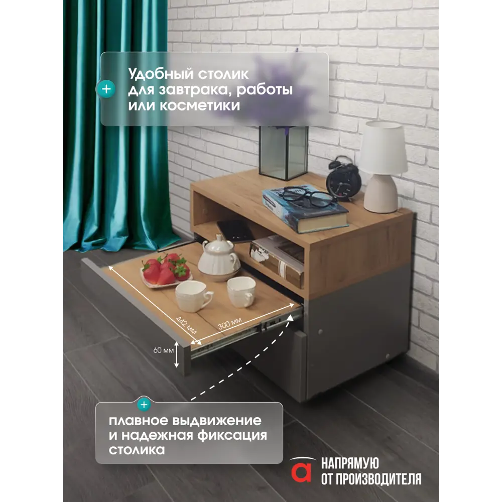 Фото 6 Тумба прикроватная Атмосфера Нова 50x37x35 см 2 ящика ЛДСП цвет серый/дуб крафт золотой Фото 6 Тумба прикроватная Атмосфера Нова 50x37x35 см 2 ящика ЛДСП цвет серый/дуб крафт золотой