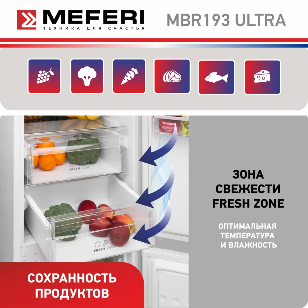 Фото 6 Встраиваемый холодильник Meferi MBR193 TOTAL NO FROST ULTRA 54x193.7 см цвет белый Фото 6 Встраиваемый холодильник Meferi MBR193 TOTAL NO FROST ULTRA 54x193.7 см цвет белый