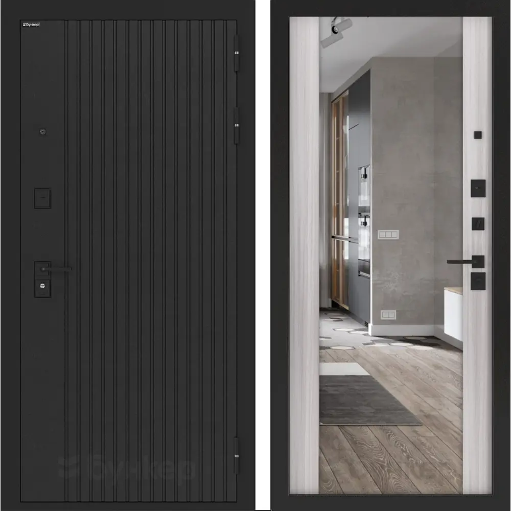 Фото Входная дверь Лабиринт Бункер 06 правый 205x88см цвет черный кварц/сандал белый с зеркалом ФЛЗ-1 Фото Входная дверь Лабиринт Бункер 06 правый 205x88см цвет черный кварц/сандал белый с зеркалом ФЛЗ-1