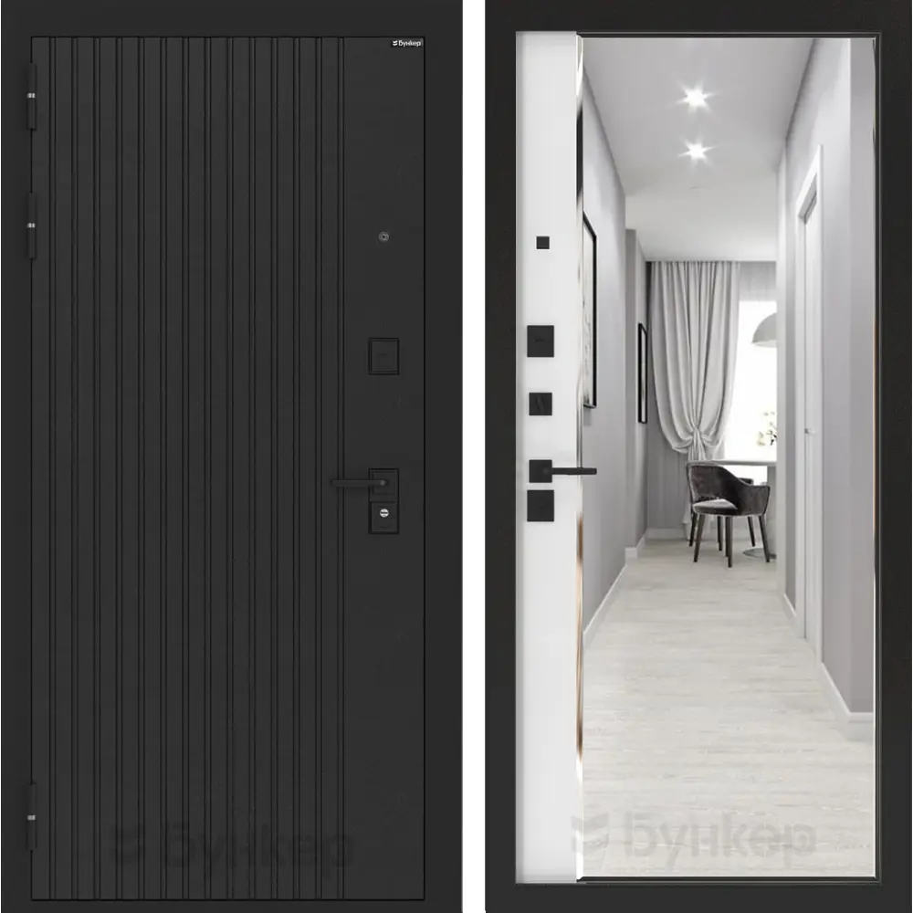 Фото Входная дверь Лабиринт Бункер 06 левый 205x88см цвет черный кварц/белый софт с зеркалом Панорама