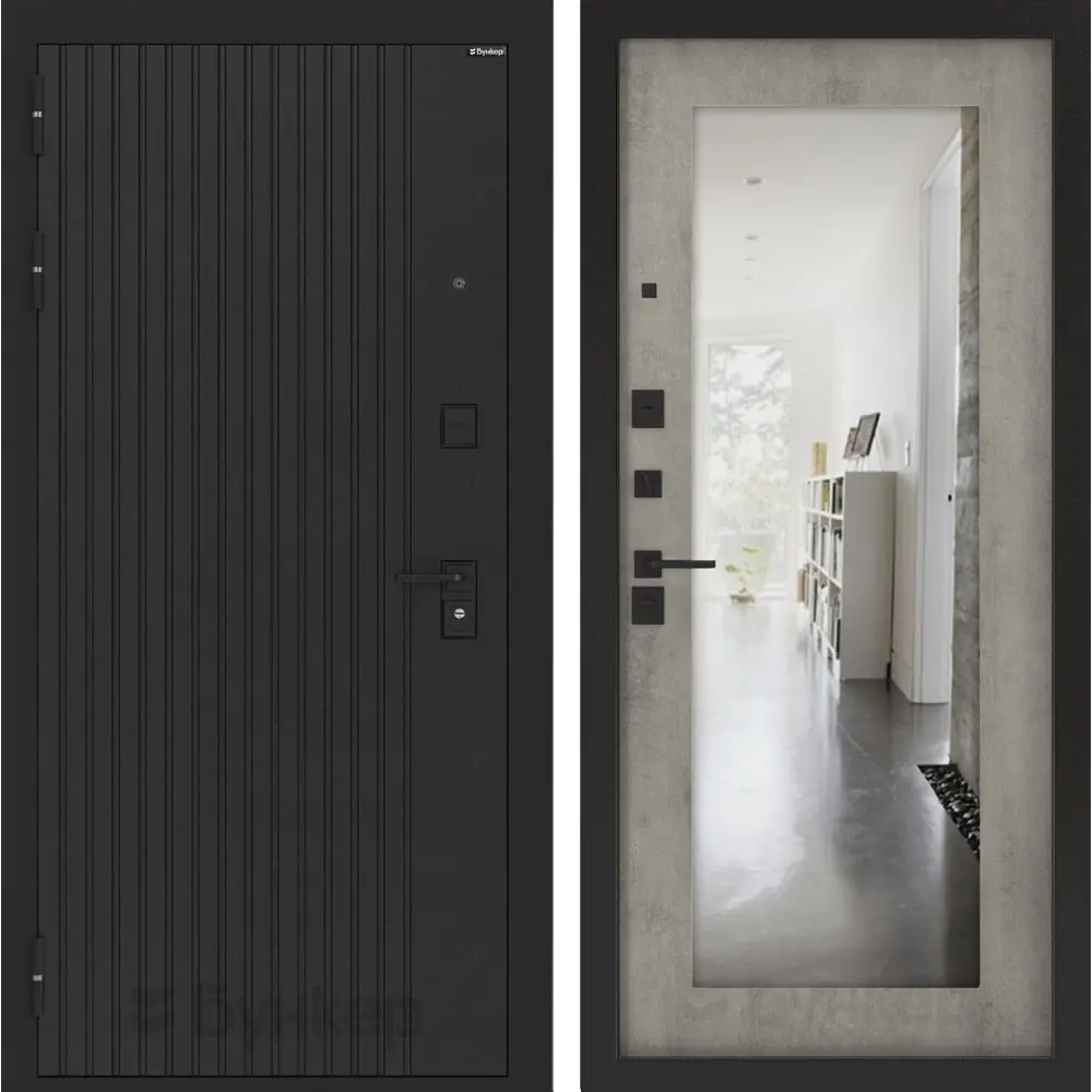 Фото Входная дверь Лабиринт Бункер 06 левый 205x88см цвет черный кварц/бетон серый с зеркалом П18 Фото Входная дверь Лабиринт Бункер 06 левый 205x88см цвет черный кварц/бетон серый с зеркалом П18