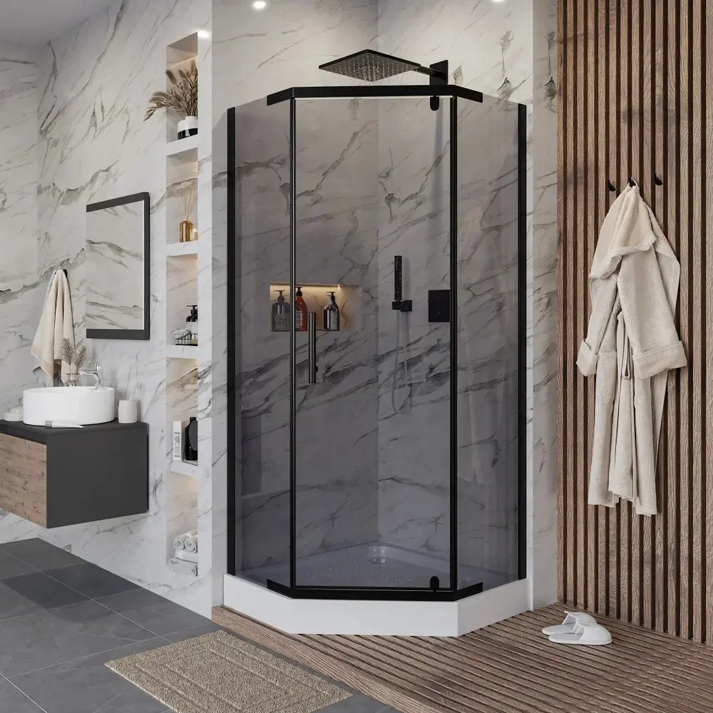 Фото 2 Душевой уголок Niagara Eco 555964 пятиугольный 89.5x89.5см черный профиль эффект стекла тонированный Фото 2 Душевой уголок Niagara Eco 555964 пятиугольный 89.5x89.5см черный профиль эффект стекла тонированный