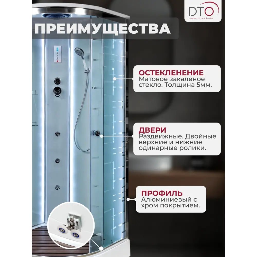 Фото 2 Душевая кабина с гидромассажем Dto NS/EM1580LED+GM 80x80x220 низкий поддон, стекло узорчатое, LED Фото 2 Душевая кабина с гидромассажем Dto NS/EM1580LED+GM 80x80x220 низкий поддон, стекло узорчатое, LED