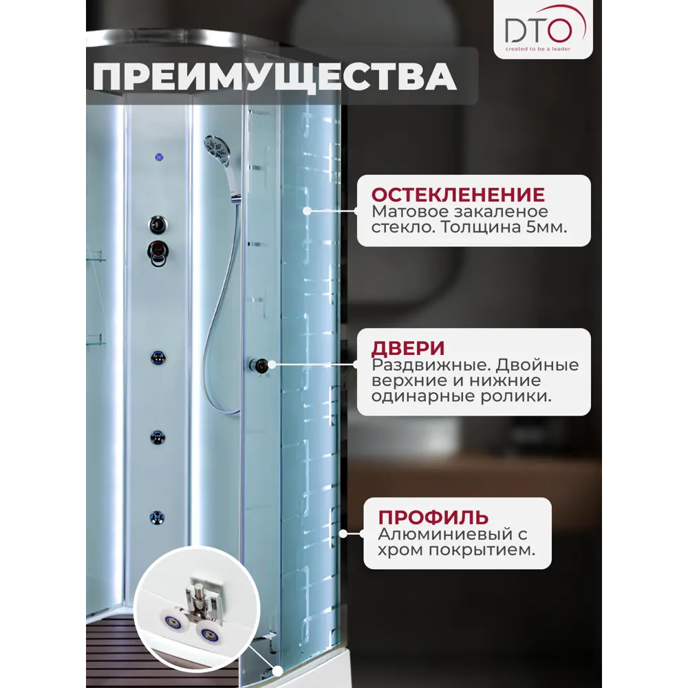 Фото 2 Душевая кабина с гидромассажем Dto NS/EM1590NLED+GM 90x90x208 низкий поддон, стекло узорчатое, LED Фото 2 Душевая кабина с гидромассажем Dto NS/EM1590NLED+GM 90x90x208 низкий поддон, стекло узорчатое, LED