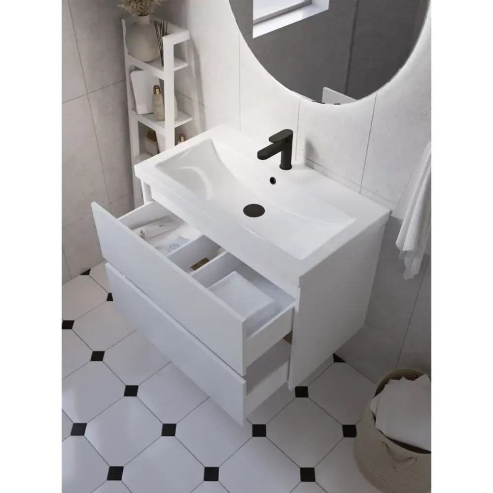 Фото 3 Тумба с раковиной в ванную подвесная 1Marka Veil 80 см цвет белый Аляска/дуб Вотан Ц0000044225