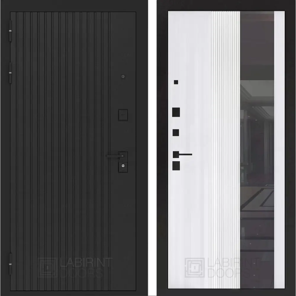 Фото Входная дверь Лабиринт Бункер 06 П32 левый 205x96см цвет черный кварц/белый софт рельеф с зеркалом