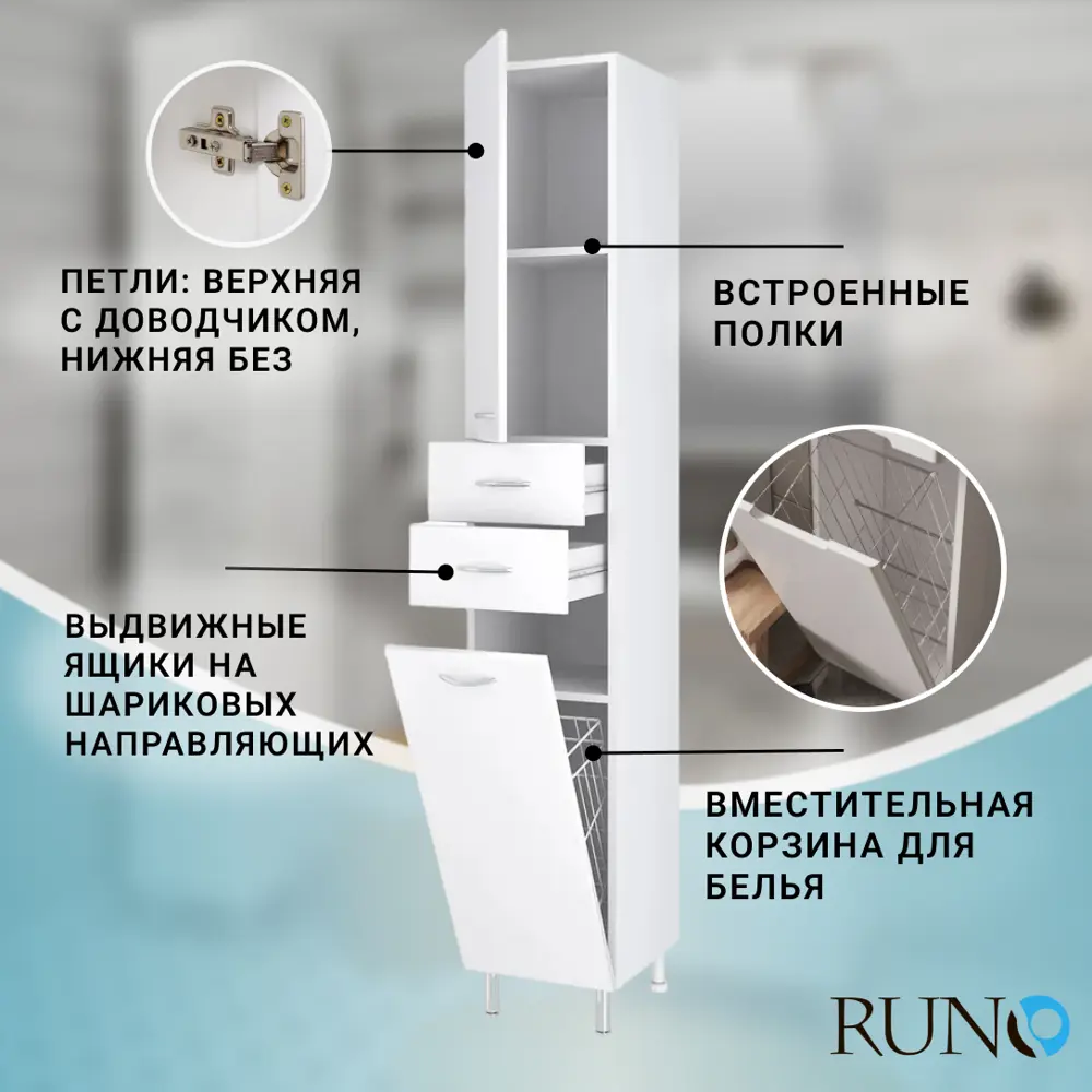 Фото 5 Пенал для ванной комнаты Runo 40 см левый с корзиной для белья напольный Фото 5 Пенал для ванной комнаты Runo 40 см левый с корзиной для белья напольный