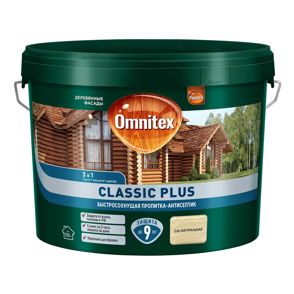 Фото 2 Защитно-декоративный антисептик лессирующий Omnitex Classic Plus полуматовый ель 9 л Фото 2 Защитно-декоративный антисептик лессирующий Omnitex Classic Plus полуматовый ель 9 л