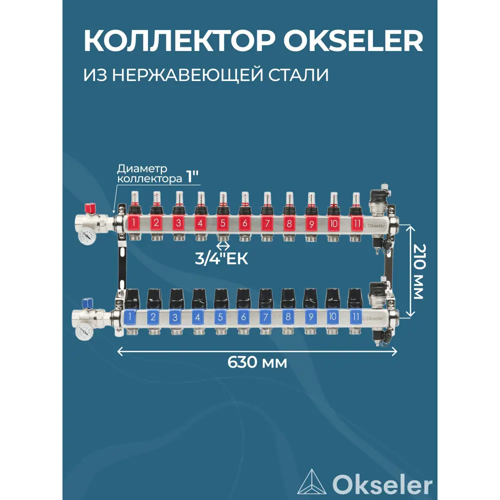 Фото 3 Коллекторная группа с расходомерами Okseler Oks00692 1"x3/4" евроконус 11 выходов нержавеющая сталь Фото 3 Коллекторная группа с расходомерами Okseler Oks00692 1"x3/4" евроконус 11 выходов нержавеющая сталь