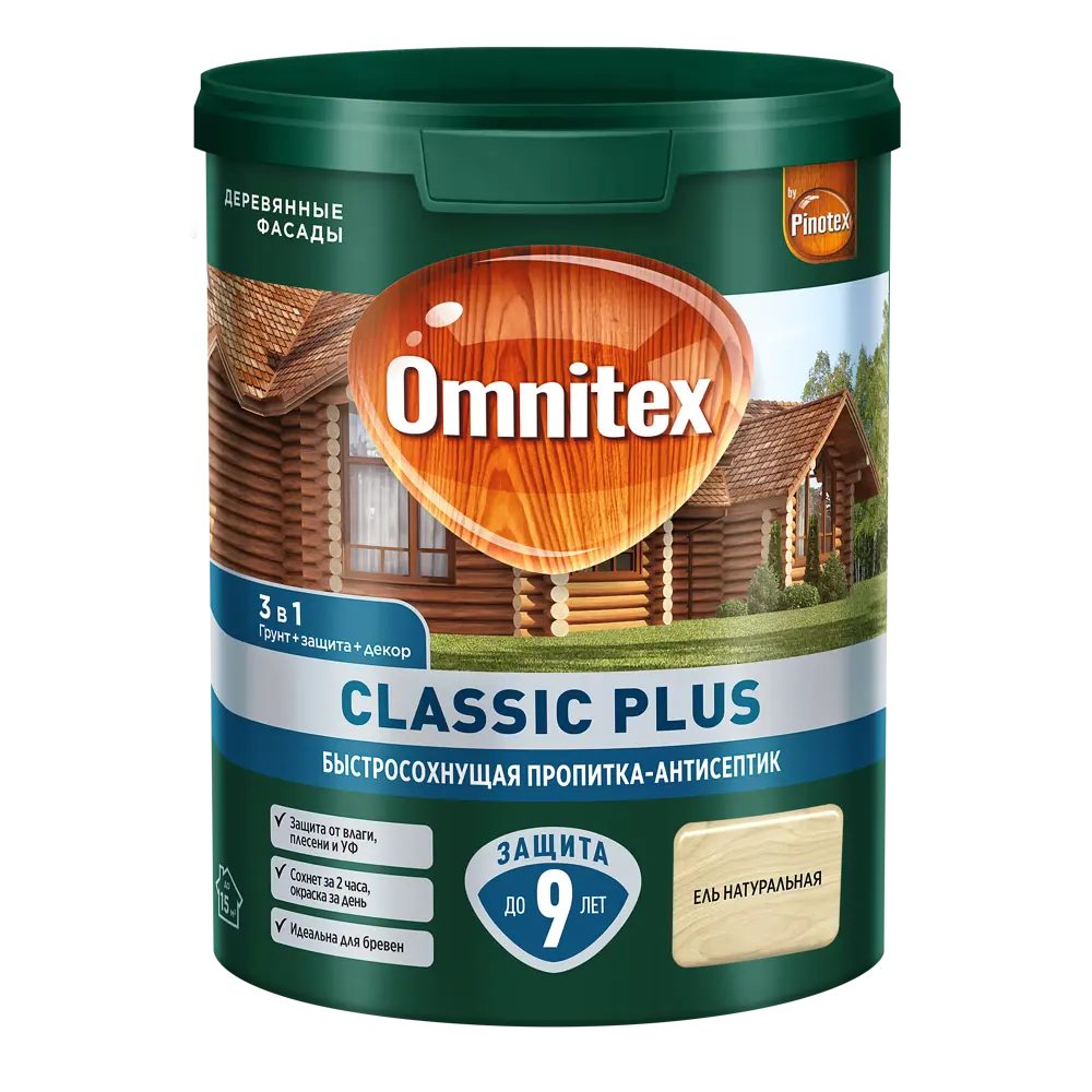 Фото 2 Защитно-декоративный антисептик лессирующий Omnitex Classic Plus полуматовый ель 0.9 л Фото 2 Защитно-декоративный антисептик лессирующий Omnitex Classic Plus полуматовый ель 0.9 л