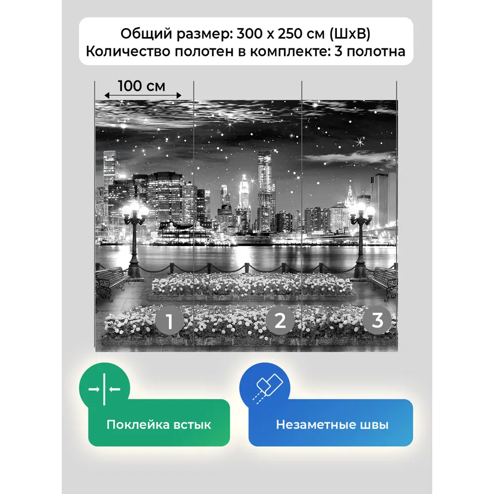 Фото 5 Фотообои флизелиновые Первое ателье Вид на современный ночной город с набережной и фонарями черно-белые 300x250 см