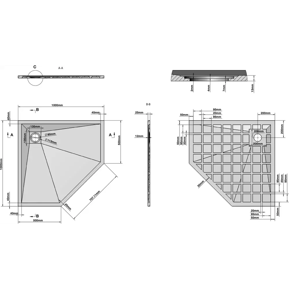 Фото 5 Душевой поддон Grossman Strong 604120 пятиугольный искусственный камень 100x100см