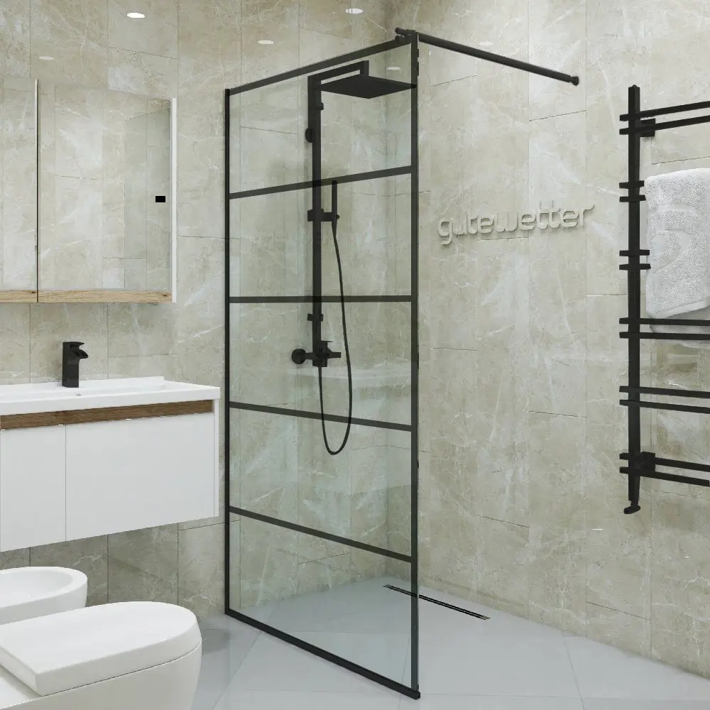 Фото Душевая перегородка GWMPGL018LN 100x220 см цвет фурнитуры черный матовый, стекло выбеленное закаленное 10 мм Фото Душевая перегородка GWMPGL018LN 100x220 см цвет фурнитуры черный матовый, стекло выбеленное закаленное 10 мм