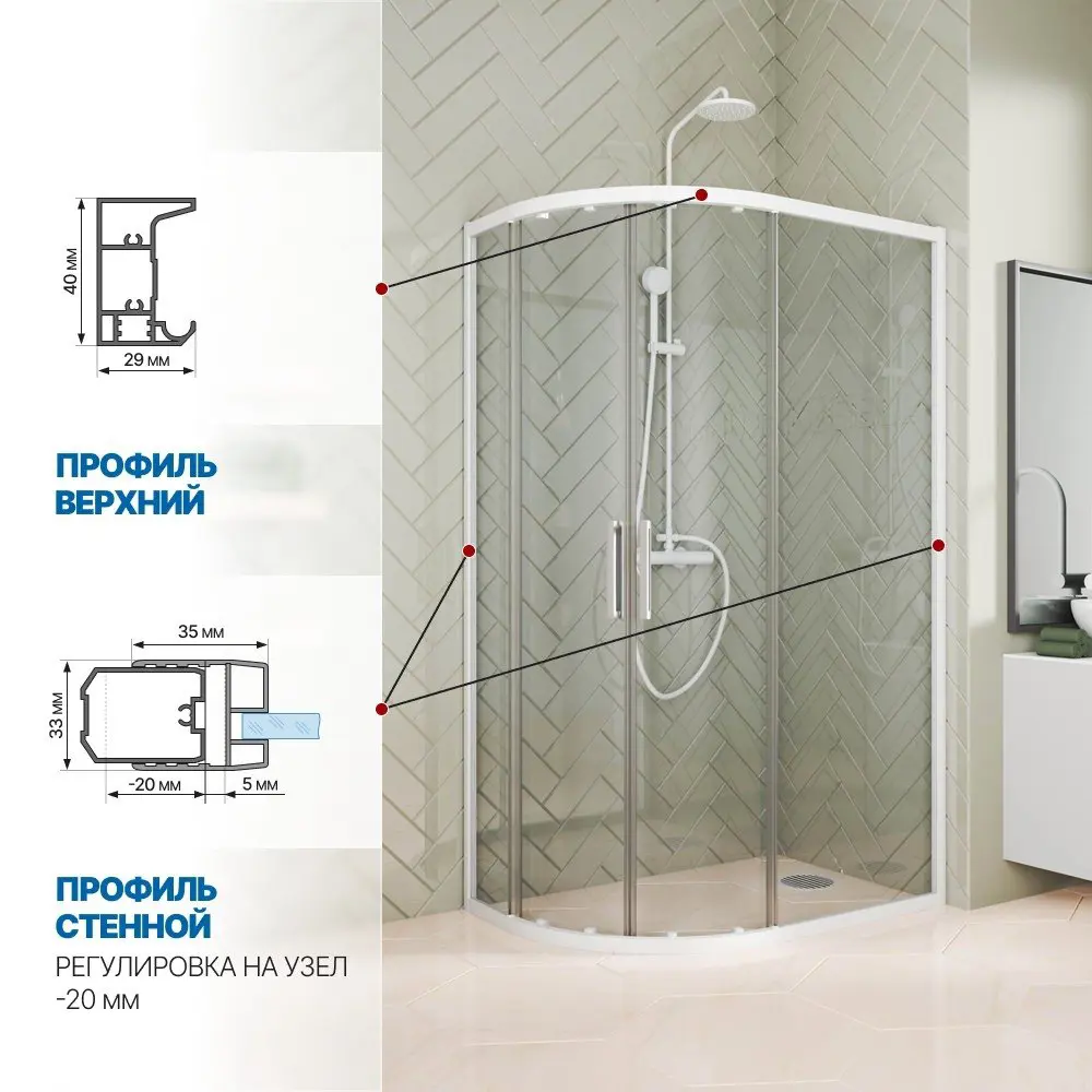 Фото 4 Душевой уголок Gutewetter 3183379948 1/4 круга 125x80см белый профиль эффект стекла прозрачный