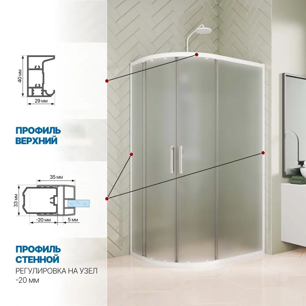 Фото 4 Душевой уголок Gutewetter 2389576844 1/4 круга 130x125см белый профиль эффект стекла матовый