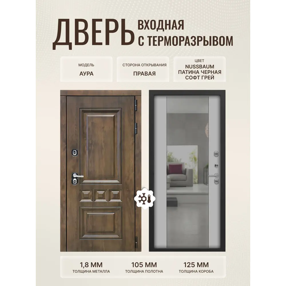 Фото Входная дверь Дверипро Термо L Аура правый 205x86см цвет nussbaum патина черная/софт грей с зеркалом Фото Входная дверь Дверипро Термо L Аура правый 205x86см цвет nussbaum патина черная/софт грей с зеркалом