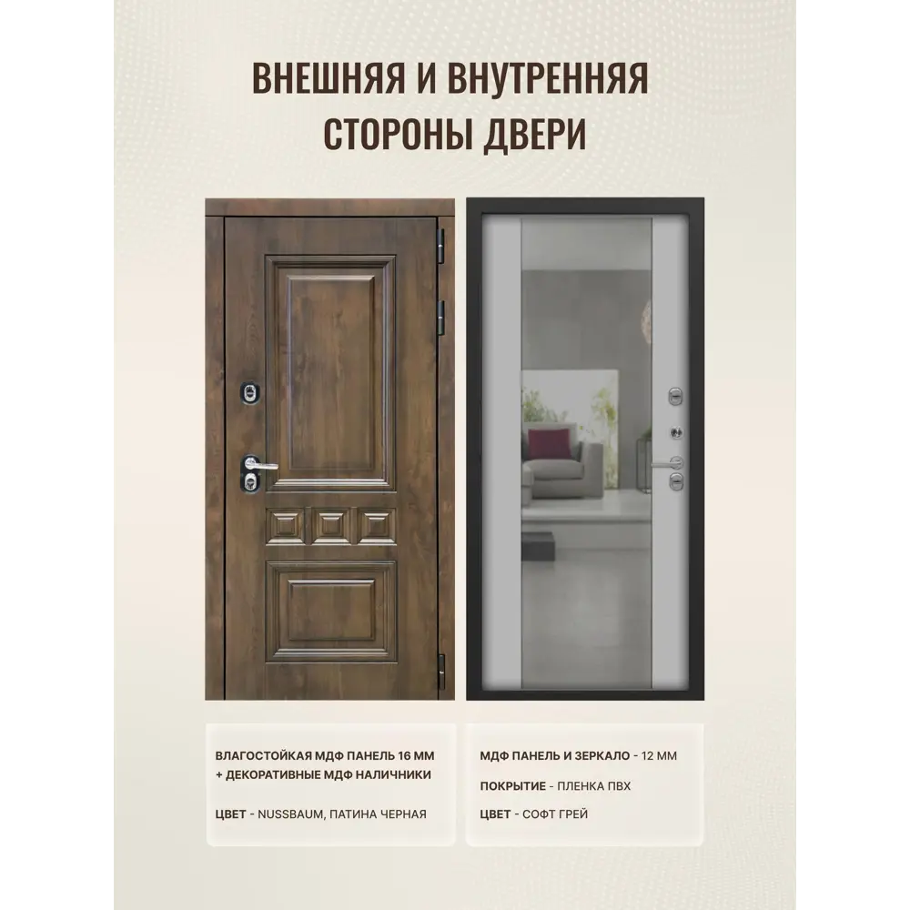 Фото 2 Входная дверь Дверипро Термо L Аура правый 205x86см цвет nussbaum патина черная/софт грей с зеркалом Фото 2 Входная дверь Дверипро Термо L Аура правый 205x86см цвет nussbaum патина черная/софт грей с зеркалом