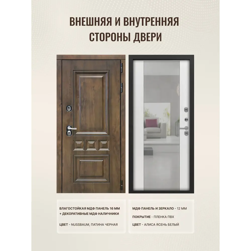 Фото 2 Входная дверь Дверипро Термо L Аура правый 205x86см цвет nussbaum патина черная/алиса ясень белый с зеркалом Фото 2 Входная дверь Дверипро Термо L Аура правый 205x86см цвет nussbaum патина черная/алиса ясень белый с зеркалом