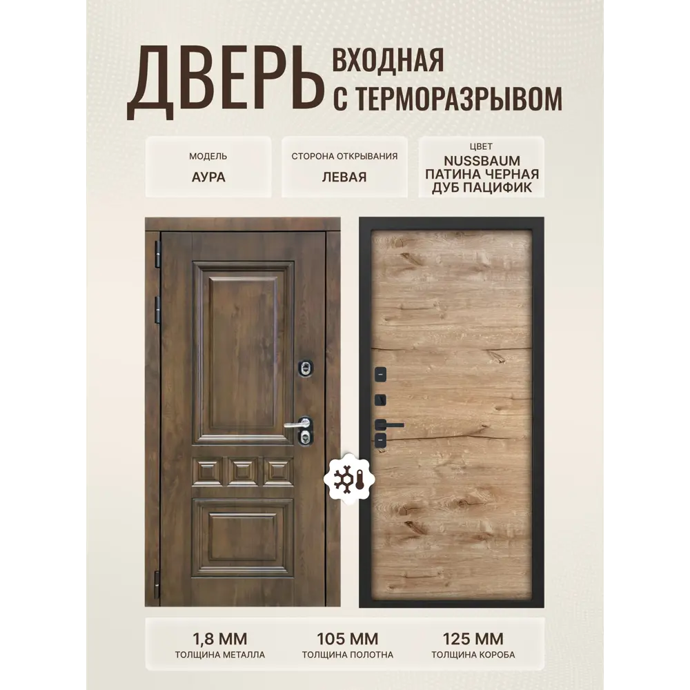Фото Входная дверь Дверипро Термо L Аура левый 205x96см цвет nussbaum патина черная/дуб пацифик Фото Входная дверь Дверипро Термо L Аура левый 205x96см цвет nussbaum патина черная/дуб пацифик