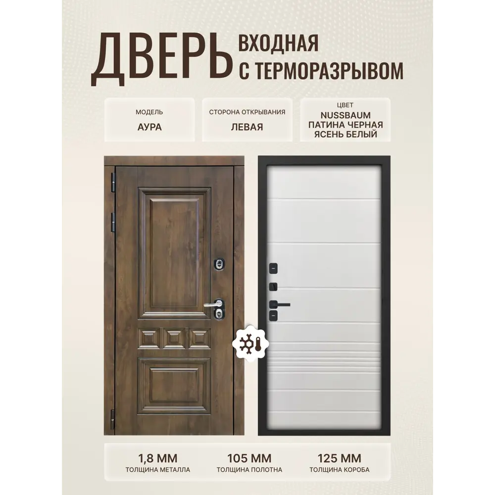 Фото Входная дверь Дверипро Термо L Аура левый 205x96см цвет nussbaum патина черная/ясень белый Фото Входная дверь Дверипро Термо L Аура левый 205x96см цвет nussbaum патина черная/ясень белый