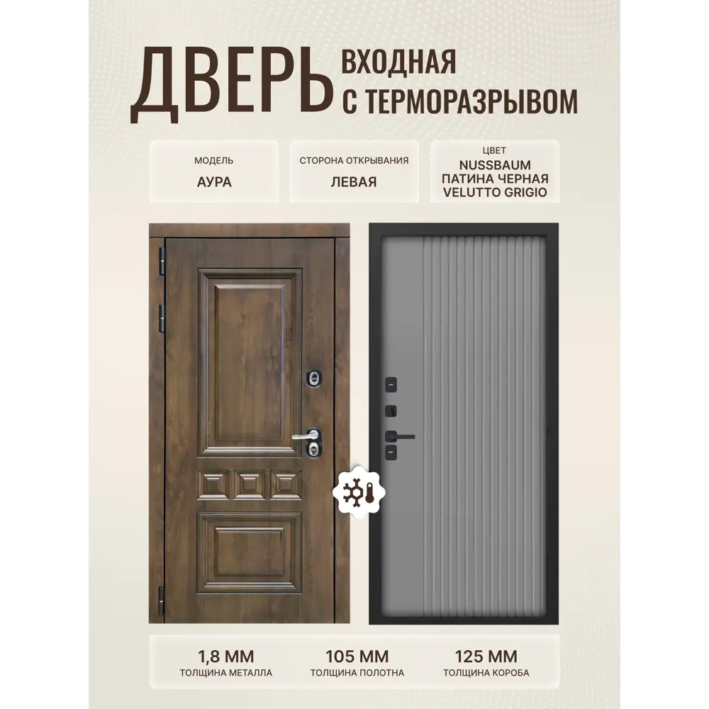 Фото Входная дверь Дверипро Термо L Аура левый 205x96см цвет nussbaum патина черная/velutto grigio Фото Входная дверь Дверипро Термо L Аура левый 205x96см цвет nussbaum патина черная/velutto grigio
